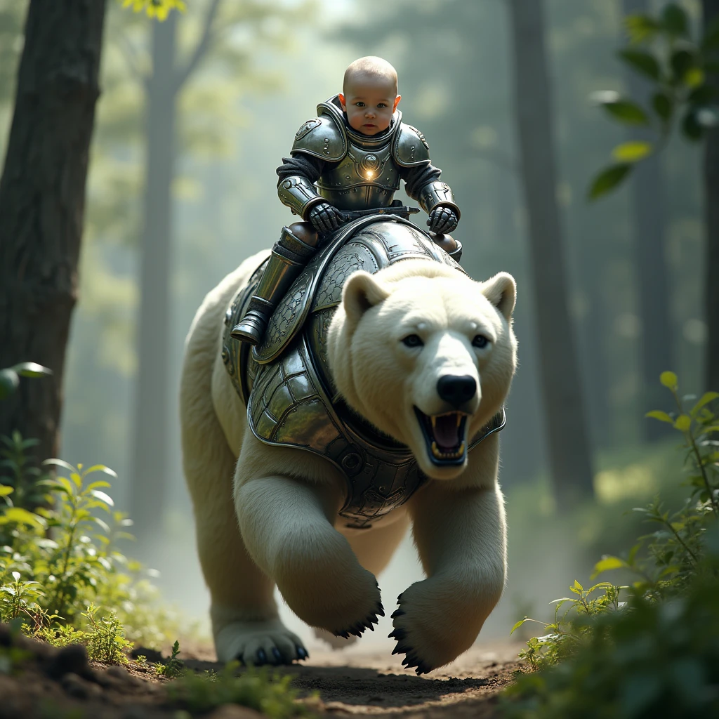 (artwork:1.2), (best quality:1.2), 8K, HDR, ultra detailed, ((photorealistic)), professional light, cinematic lighting, depth of field, A 2 YEAR OLD BABY wearing mechanical paladin armor, RIDING ON TOP OF A BIG AND VERY ANGRY POLAR BEAR WITH CHROME ARMOR RUNNING IN A FOREST, Super Detail, high details, high quality, best quality, high resolution, high definition, 4K, 8K, 16k, sharp 