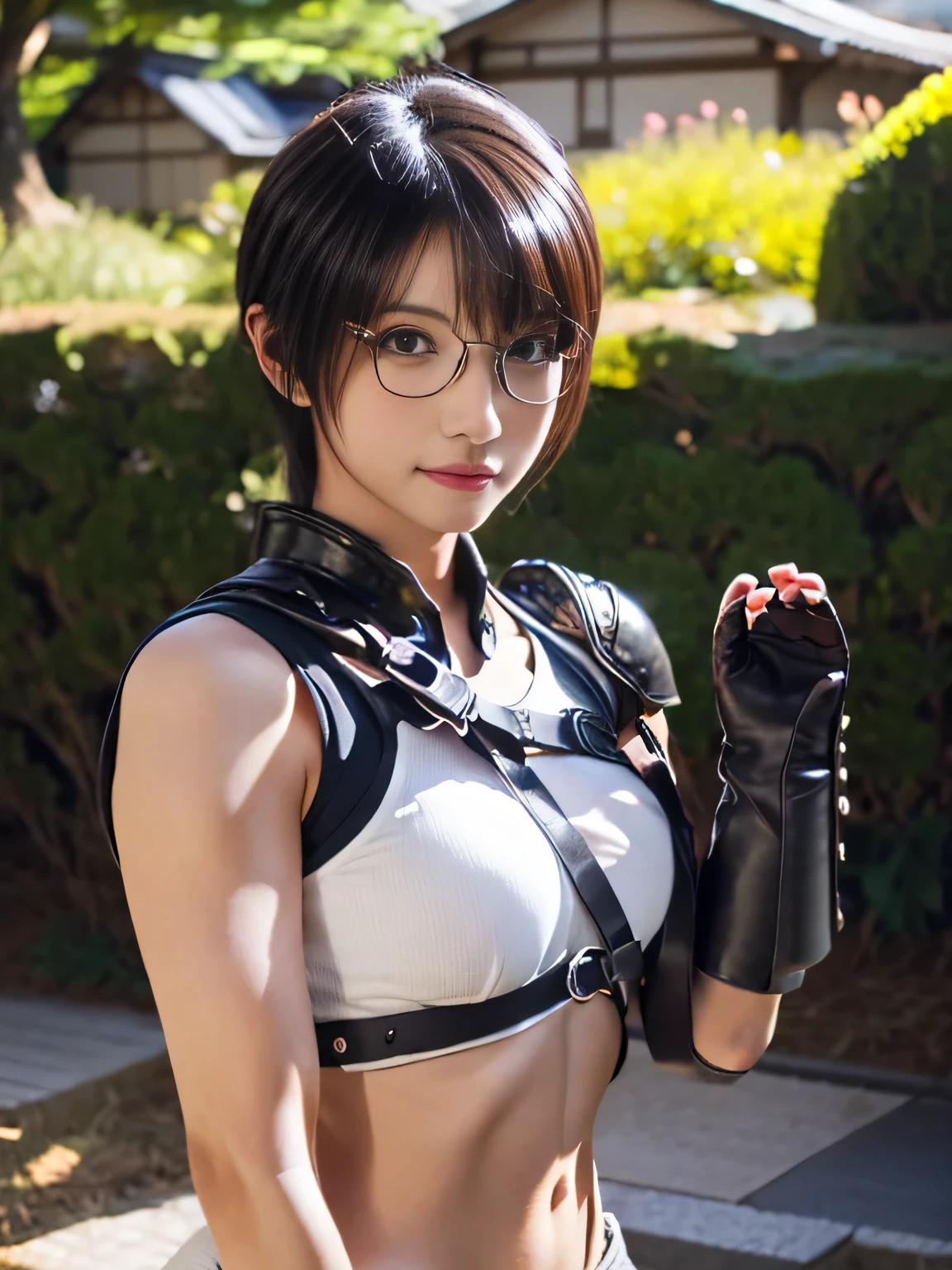 20 year old Japanese beauty,One person、Muscular body like a bodybuilder、Emphasize the breasts、Slit eyes、A head-to-toe view,Bust is very very large、The background is a cat house.、High quality photos、Clear, crisp images of the lower body、Masterpiece 8k、Ecstatic face、Wearing Japan armor、The hand holds the sword backwards、Spreading her legs、Wearing glasses、Yuffie Kisaragi from FF7、Turning around beautiful woman pose