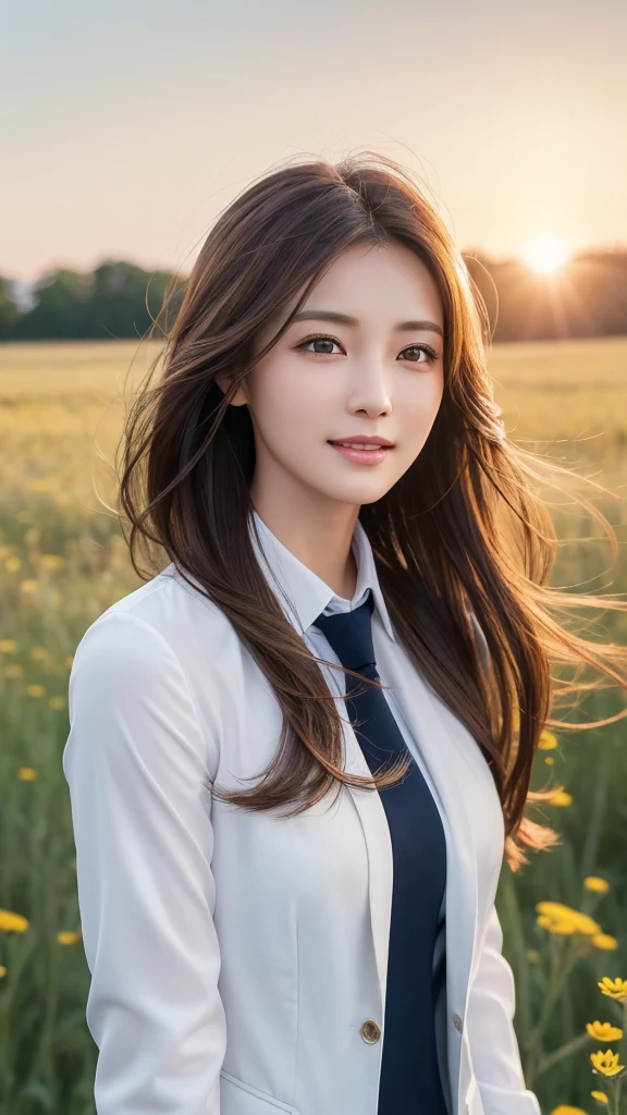 highest quality、genuine、Super detailed、finely、High resolution、8k wallpaper、one beautiful woman、、、light brown disheveled hair、wearing a business suit、sharp focus、perfect dynamic composition、beautiful and detailed eyes、thin hair、Detailed genuine skin texture、smile、model body shape、In a windswept meadow
