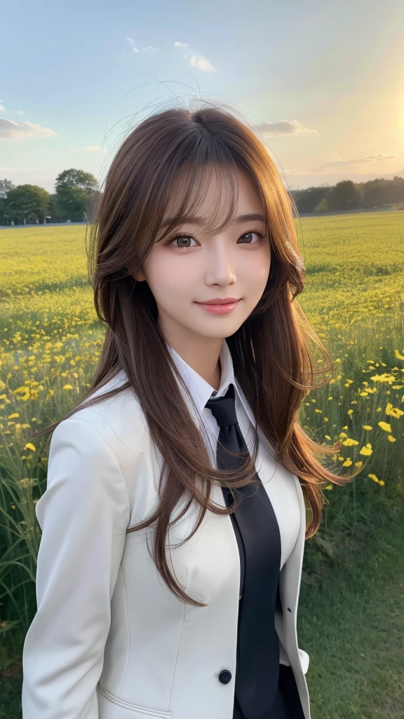 highest quality、genuine、Super detailed、finely、High resolution、8k wallpaper、one beautiful woman、、、light brown disheveled hair、wearing a business suit、sharp focus、perfect dynamic composition、beautiful and detailed eyes、thin hair、Detailed genuine skin texture、smile、model body shape、In a windswept meadow