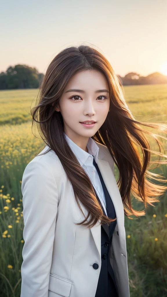 highest quality、genuine、Super detailed、finely、High resolution、8k wallpaper、one beautiful woman、、、light brown disheveled hair、wearing a business suit、sharp focus、perfect dynamic composition、beautiful and detailed eyes、thin hair、Detailed genuine skin texture、smile、model body shape、In a windswept meadow