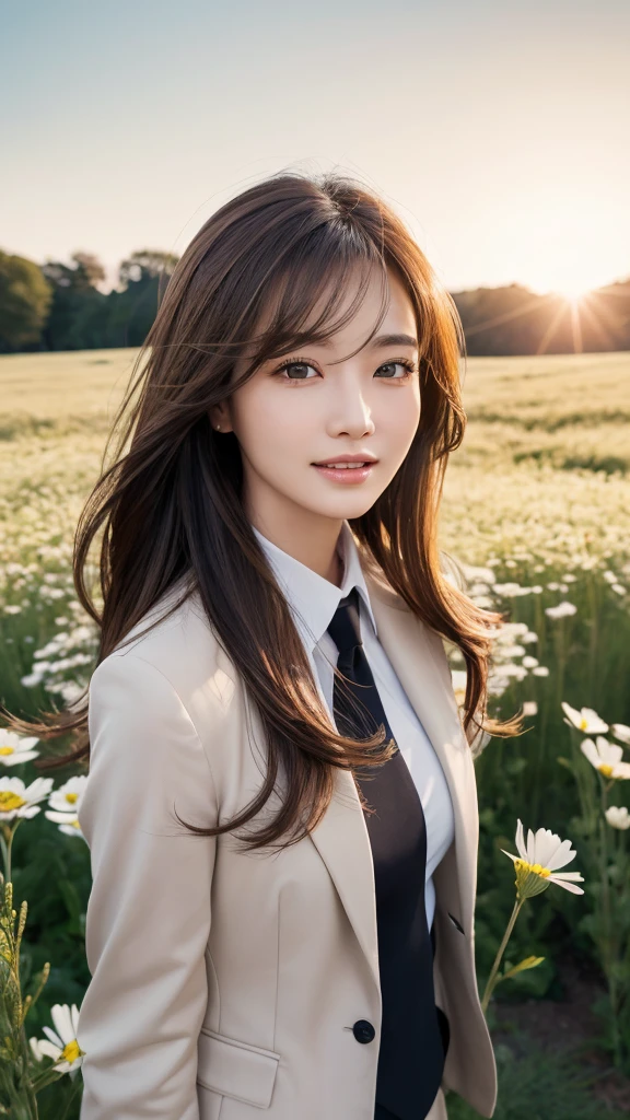 highest quality、genuine、Super detailed、finely、High resolution、8k wallpaper、one beautiful woman、、、light brown disheveled hair、wearing a business suit、sharp focus、perfect dynamic composition、beautiful and detailed eyes、thin hair、Detailed genuine skin texture、smile、model body shape、In a windswept meadow