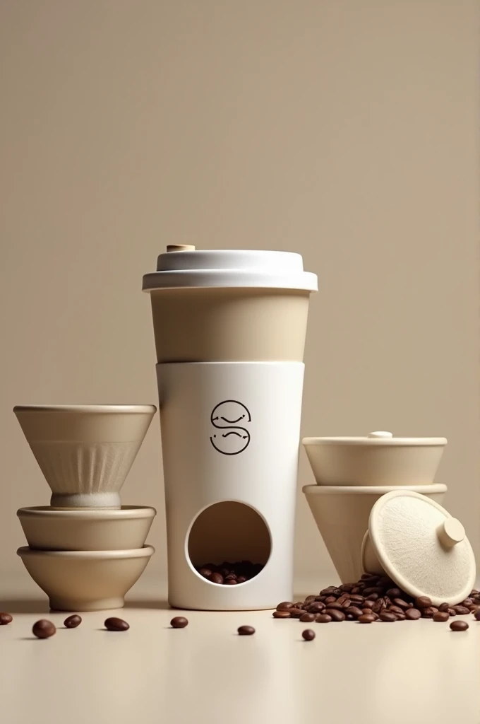 Create a cup with a screw-on lid that is 8 cm tall and has a space in the bottom with a built-in grinder to introduce coffee beans and grind them, next to the cup put several coffee filters of the same diameter as the cup. Incorporate the logo of this link https://turbologist.with/Designs/59877656https://turbologist.with/Designs/59877656