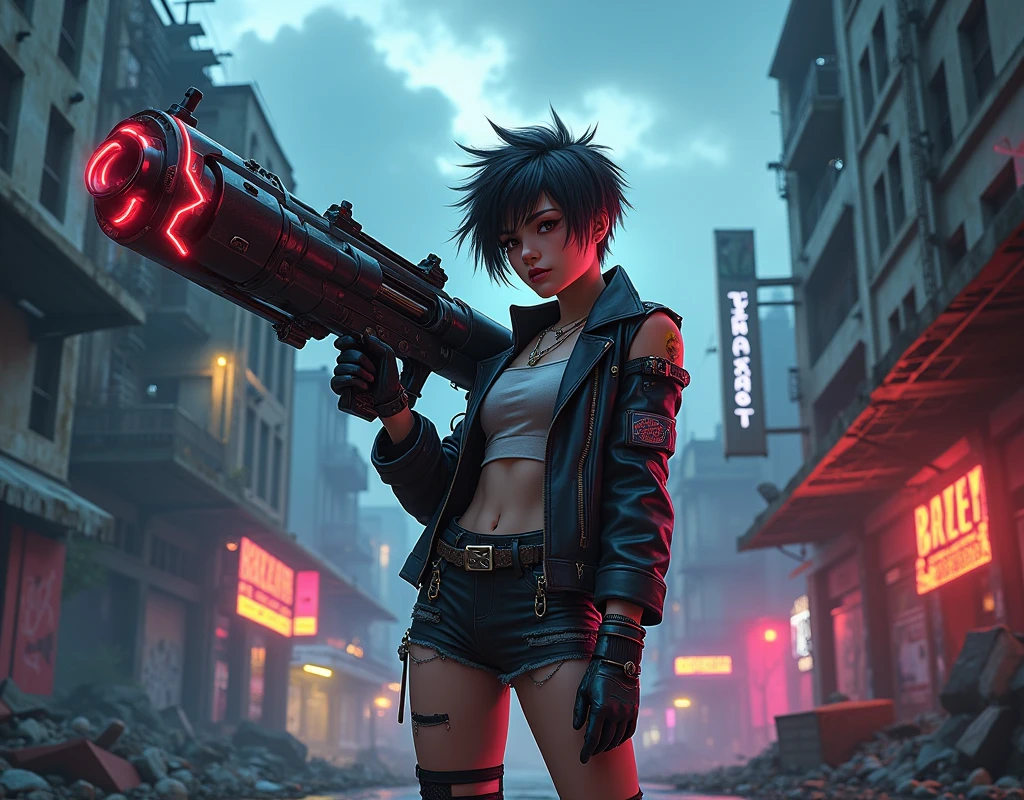 A cool, confident girl with a rebellious attitude, standing in an urban, post-apocalyptic environment. She has short, messy hair, a fierce expression, and is casually shouldering a gigantic, massively overiszed futuristic gun. The weapon should be 3 times the size of the girl. Her outfit is a mix of cyberpunk and street style, with neon accents, leather, and metallic details. The background is a gritty cityscape with crumbling buildings, graffiti-covered walls, and flickering neon signs. The sky is dark and ominous, with a few beams of light cutting through the clouds. The atmosphere is tense, with a sense of impending action, and the scene is filled with small details like scattered debris, smoldering ruins, and distant city lights
