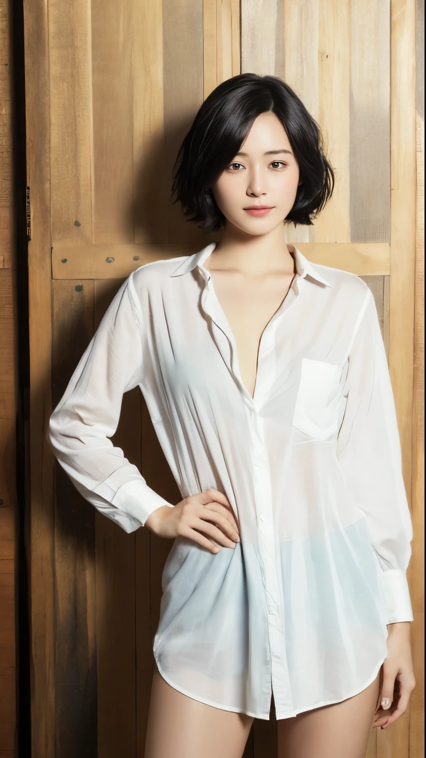 (masterpiece:1.3), (8k, photorealistic, RAW photo, best quality: 1.4), japanese, (1girl), beautiful face, (realistic face), (black hair, short hair:1.3), beautiful hairstyle, realistic eyes, beautiful detailed eyes, (realistic skin), beautiful skin, attractive, ultra high res, ultra realistic, highly detailed, golden ratio, detaled face,looking at viewer,smile,open white shirt,medium breasts,standing,hand on hip
