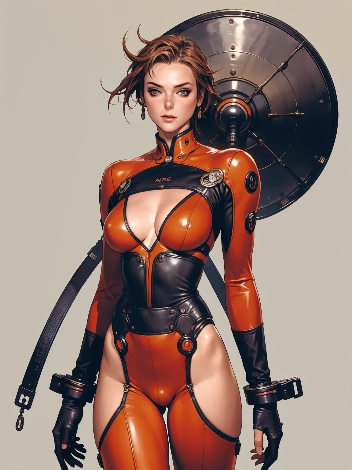 (((Brigitte Nielsen))), (((red suit))), (((back view))), (((perfect ass))), ((( soldier suit ))), (((Black short haircut))), (((Russian girl))), ((high collar)), (((red army suit))), (((best qualityer: 1.4))), (Unbeatable masterpiece), (hiper HD),(CG 8k hyper-realistic), (((brave face))), (((breasts big))), (((hyper feminine))), sexly girl, ((( sculptural body ))), (((1 Kizi))), Kizi cibernética de 25 anos com perfectbody,,Beautiful and well-groomed face,muscular body:1.2,solid color detailed jacket, (Head to thigh photos), Complex equipment, green dark,Long pants,Tight clothes are dark,With white stars and off-white stripes,,,,,Armor Metal Electronic Parts, Poison tattoos ) INFO, Kizi, (((standing alone))), pirralha violent, ((())), sexly, pose de atitude, work of art, post-apocalypse, (((manga style))), bounty hunter, violent, Manic, the way you want, slenderbody, thin but strong, perfectbody, roupa moderna, advanced technology, neon, sleeves with vertical striped pattern, neutral background, (( cowboy shot )). intricate visual