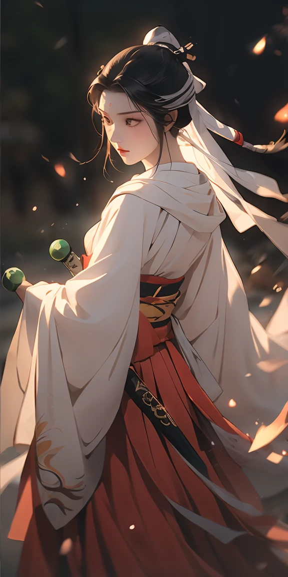 Create a dynamic portrait of a young Japanese warrior woman in three-quarter view, facing slightly to the right. Her eyes are closed in deep concentration, eyebrows slightly furrowed. Long, silky black hair is tied high on her head, with a few strands escaping to frame her face. A white headband with a round green gem sits on her forehead. Her pale skin has a soft glow, with a hint of pink on her cheeks and lips. She wears a white kosode (kimono-style top) with wide sleeves and a red hakama (pleated skirt-like pants). A green and yellow obi (sash) is tied around her waist. Dark arm wraps cover her forearms. She grips a katana with both hands, the blade crossing diagonally in front of her body from lower left to upper right. The sword's hilt is ornate, featuring green wrapping and gold accents. The character is in motion, her clothing and hair flowing dramatically. White and red fabric billows behind her, creating sweeping curves that contrast with the straight line of the sword. The background is dark and atmospheric, with hints of orange and red suggesting fire or embers. Sparks or small flames float in the air around her. Lighting is dramatic, with a strong light source from the upper left casting shadows and creating a rim light effect on the character's right side. The overall style should blend traditional Japanese art with modern fantasy illustrations, emphasizing clean lines and a sense of movement and power.