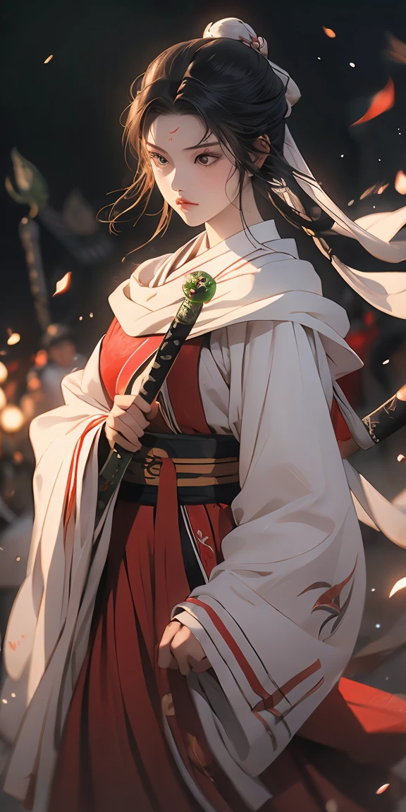 Create a dynamic portrait of a young Japanese warrior woman in three-quarter view, facing slightly to the right. Her eyes are closed in deep concentration, eyebrows slightly furrowed. Long, silky black hair is tied high on her head, with a few strands escaping to frame her face. A white headband with a round green gem sits on her forehead. Her pale skin has a soft glow, with a hint of pink on her cheeks and lips. She wears a white kosode (kimono-style top) with wide sleeves and a red hakama (pleated skirt-like pants). A green and yellow obi (sash) is tied around her waist. Dark arm wraps cover her forearms. She grips a katana with both hands, the blade crossing diagonally in front of her body from lower left to upper right. The sword's hilt is ornate, featuring green wrapping and gold accents. The character is in motion, her clothing and hair flowing dramatically. White and red fabric billows behind her, creating sweeping curves that contrast with the straight line of the sword. The background is dark and atmospheric, with hints of orange and red suggesting fire or embers. Sparks or small flames float in the air around her. Lighting is dramatic, with a strong light source from the upper left casting shadows and creating a rim light effect on the character's right side. The overall style should blend traditional Japanese art with modern fantasy illustrations, emphasizing clean lines and a sense of movement and power.