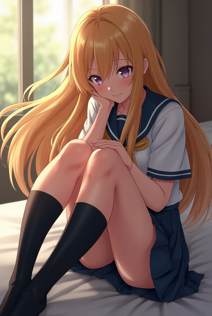 Blonde gal　high school girl　M-shaped legs in uniform　I'm eating into my underwear