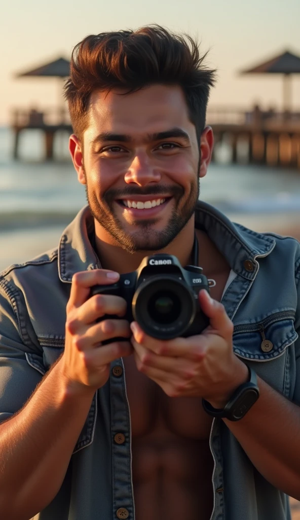 photorealistic, best quality, masterpiece, extremely detailed, sexy, homoerotic, extremely handsome, 20 year old chubby latin man, stocky build, smiling, takes your photo with a DSLR camera, by the pier, extremely romantic atmosphere, perfect face, perfect fingers, perfect hands, perfection