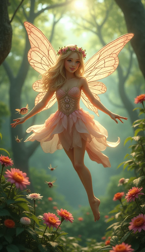 In the heart of a lush, magical forest, a beautiful fairy graces the scene with her presence in a realistic rendered artwork. Her intricate wings shimmer with iridescent colors, reflecting the ethereal light filtering through the canopy of trees above. Hovering gracefully over a blooming flower, she radiates a sense of enchantment and wonder. The fairy's attire is enchanting, dressed in a flowing dress made of delicate petals that seem to sway with an unseen breeze. A crown of tiny flowers adorns her head, adding to her mystical appearance. Her expression is one of kindness and wisdom, her eyes sparkling with ancient knowledge and a gentle smile playing on her lips. The forest around her is alive with vibrant colors and magical creatures peeking from behind ferns and flowers. The sunlight filters through the leaves, casting dappled patterns on the forest floor and adding to the enchanting atmosphere of the scene. The overall artwork captures the essence of a fairy tale realm, where beauty, magic, and nature intertwine to create a sense of wonder and awe. It invites the viewer to step into a world of enchantment, where every detail tells a story of mystical creatures and hidden wonders waiting to be discovered. 
