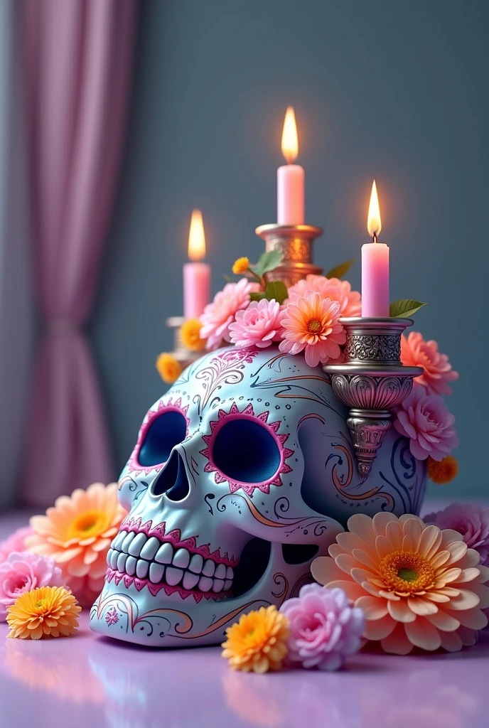 Sugar skull on its side
with candle holders in the shape of a crown and marigold flowers in pastel colors 