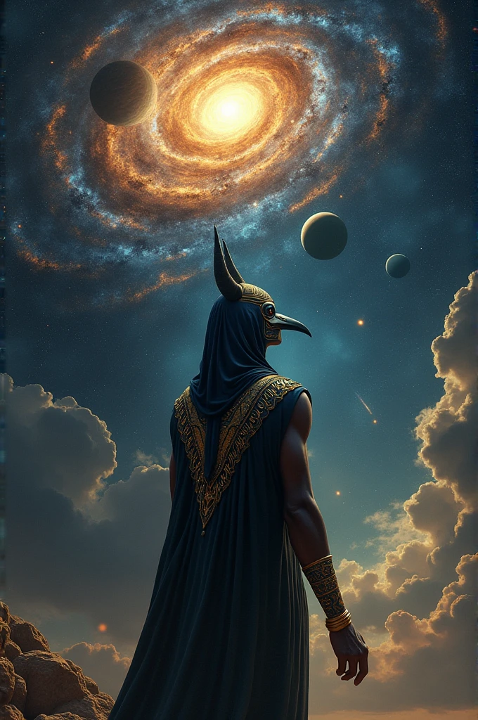 Ancient Egyptian God Thoth with his long and thin sacred ibis beak admiring the universe in its entirety, with vast galaxies, planets, black holes, meteors, nebulae and stars. Rich in details. Valuing all aspects of this wise God. Hieroglyph style.