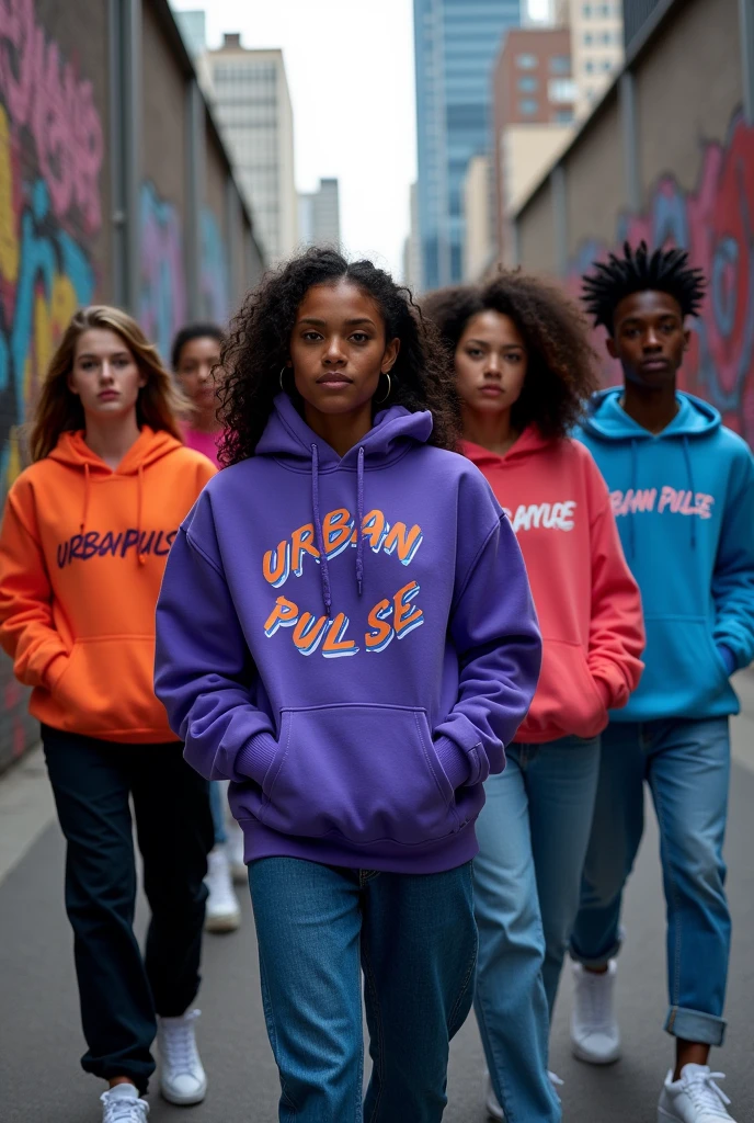 Showcase a group of diverse fashion models wearing 'Urban Pulse' streetwear in an urban city setting. The models should wear a mix of t-shirts, hoodies, and jackets featuring the bold and modern 'Urban Pulse' logo in vibrant colors like neon blue, electric purple, and bright orange. The models should exude confidence and energy, representing the brand's youthful, creative, and daring spirit. Position them in dynamic, action-oriented poses, as if they’re on the move in the city, with graffiti walls, skyscrapers, or neon lights in the background to enhance the urban vibe.