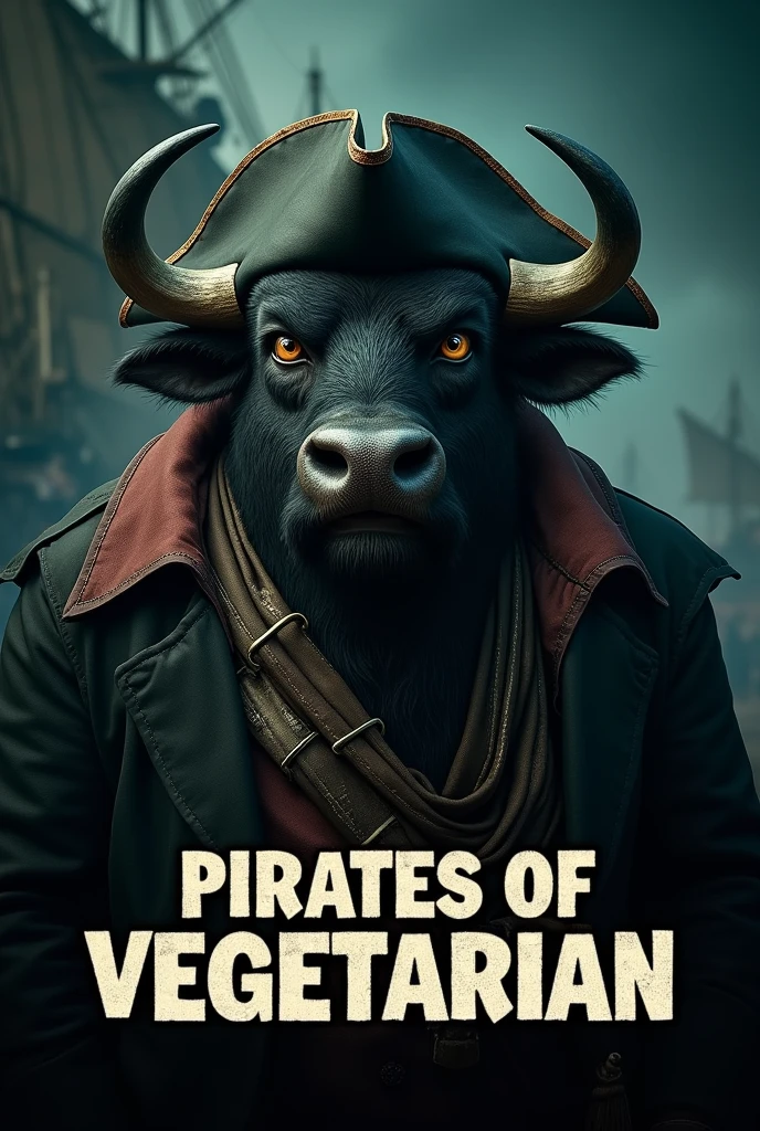 Create a cinematic poster featuring photorealistic portrait of Dressed animals - a ((fat)) buffalo pirate, , wearing  pirate costume and  pirate hat , with a serious, intense expression, He should be slightly off-center in the composition, The background should be dark and gritty, pirate's ship with smoky or grunge textures, Use a color scheme of black, deep blues, and dark greens, with subtle silver or gold accents to capture the show's mood, At the bottom of the poster, place the text "PIRATES OF VEGETARIAN" in large, bold, distressed letters, in a sans-serif font. The text should have a cinematic style, with slight shadow or glow effects to make it stand out against the background.