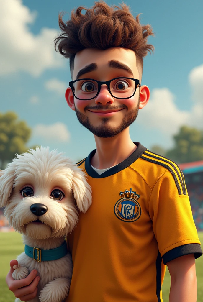 Boy with brown beard, short curly mohawk hair with soccer team uniform, and a white curly hair brown language with glasses 
