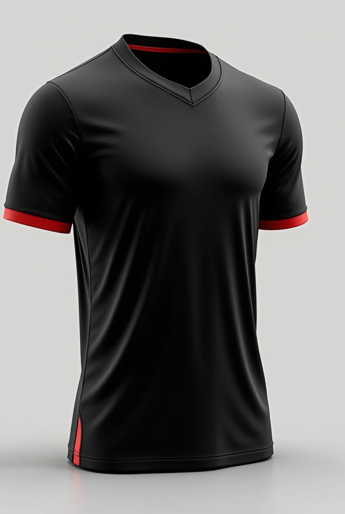 Diseña un jersey de futbol masculino, negro con manga corta y cuellos V, que la tela de el final de la manga sea roja 