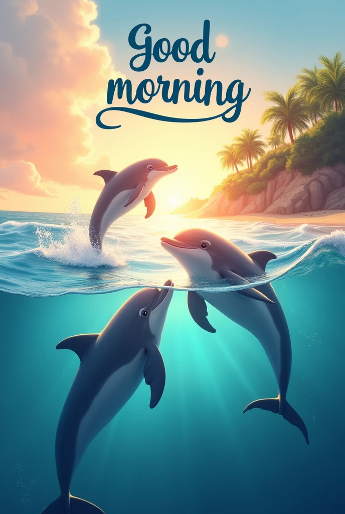 An image that says good morning in Spanish and has to do with dolphins