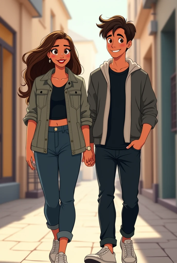 Crear estilo Disney una chica y un chico, con chompa abierta de color plomo y adentro un polera de color negro, pantalón negro, tenis blanco