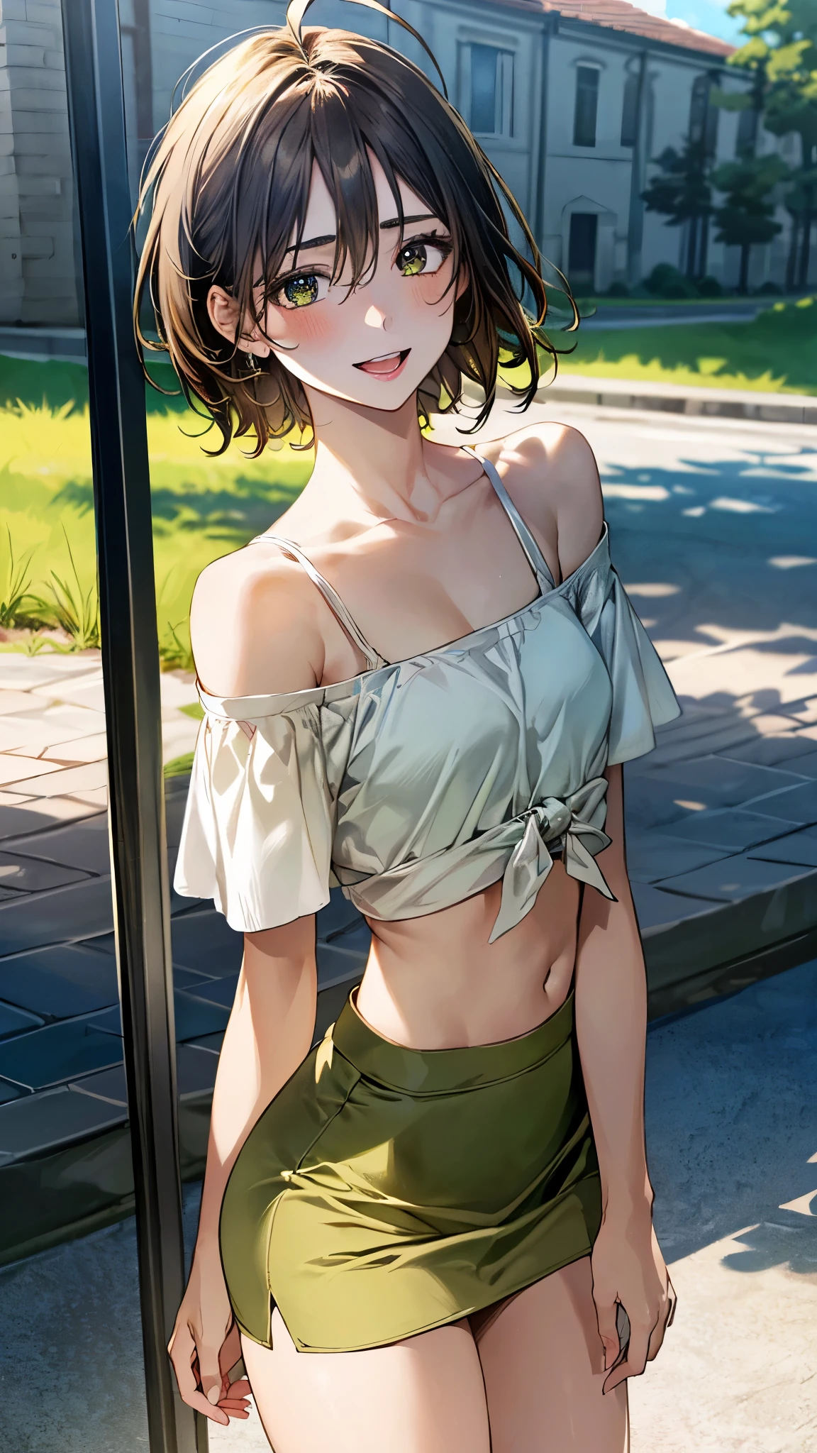 8k high quality detailed,highres,comic,anime,detailed image,
(an illustration of a teenage girl posing,magazine_sheet, (an illustration of girl,teenage girl)),(magazine_illustration),[multiple view manuscript],(fashion magazine),
((1girl,asian_female,hazel hair, very short hair, black eyes,skinny|thin,curvy, medium breasts):0.8),(Mysterious Smile),
(Leaning against a wall with one leg bent,),detailed_face,realistic_skin_texture,
(, thai slave clothes,thai slave strapless shirt,thai slave pants,breasts_squeezed),realistic clothing texture,<lora:thai_slave_clothes:0.55>