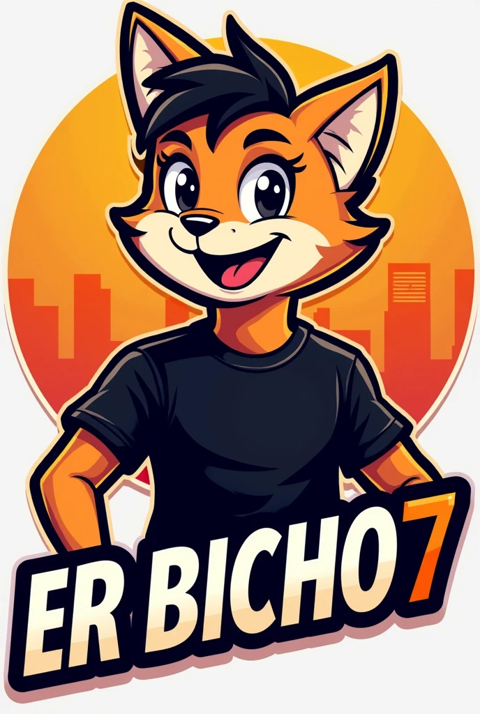 Create a mascot logo where the mascot is a guy wearing a black shirt and the bottom has letters "ER BICHO7"
