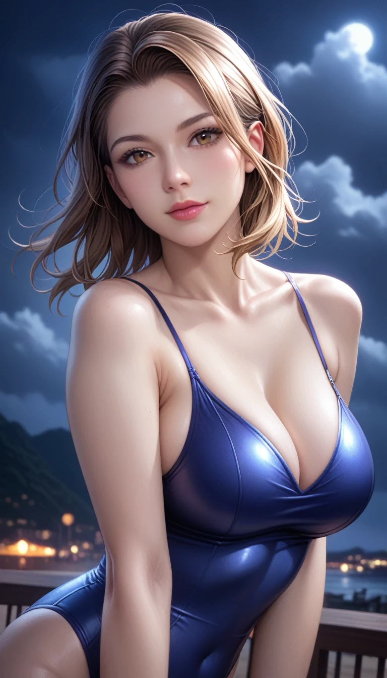 score_9, score_8_superior, score_7_superior, High resolution 3D anime style,A masterpiece in 32K resolution,Highest quality,it is really amazing,Very detailed,Ultra-high resolution,Ultra-realistic,Realistic,Increased depth of field,Cinematic lighting,
(Sexy mature Japan woman:1.1),
black straight medium hair,Ultra-detailed and beautiful face,Calm and gentle look,Beautiful brown eyes,Translucent white skin,Realistic skin texture,Great proportions,
Elegant high leg swimsuit,
Simple design,Chic color scheme,Detailed fabric texture,
(Dark overcast sky on a dull night:1.1),(Dark clouds filling the sky:1),(Thundercloud:1),Coastline at night,Stormy seas,(delay々A desolate sandy beach that continues:1),
Cinematic Angle,