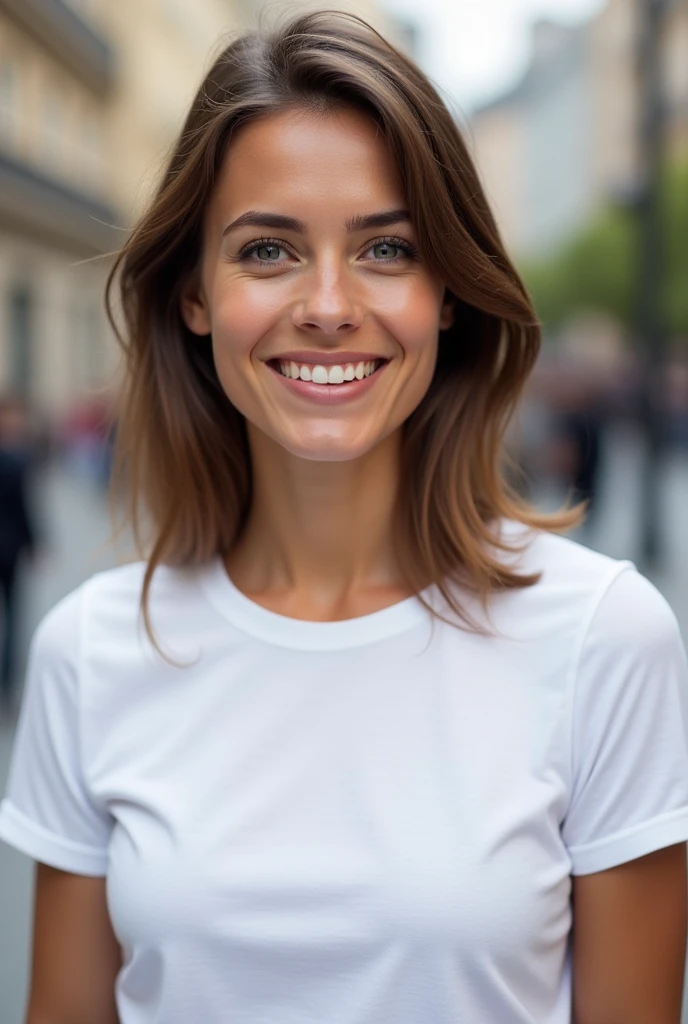 A 25-year-old European young woman in a white t-shirt in a city with a blurred background, the woman looking directly at the camera smiling