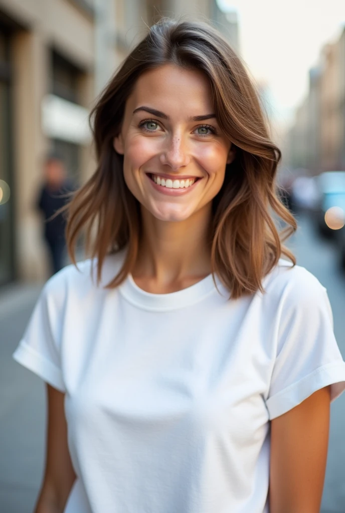 A 25-year-old European young woman in a white t-shirt in a city with a blurred background, the woman looking directly at the camera smiling