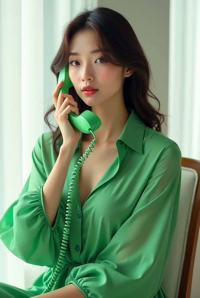 A beautiful woman in a green blouse talking on a green phone, in your home with a white background