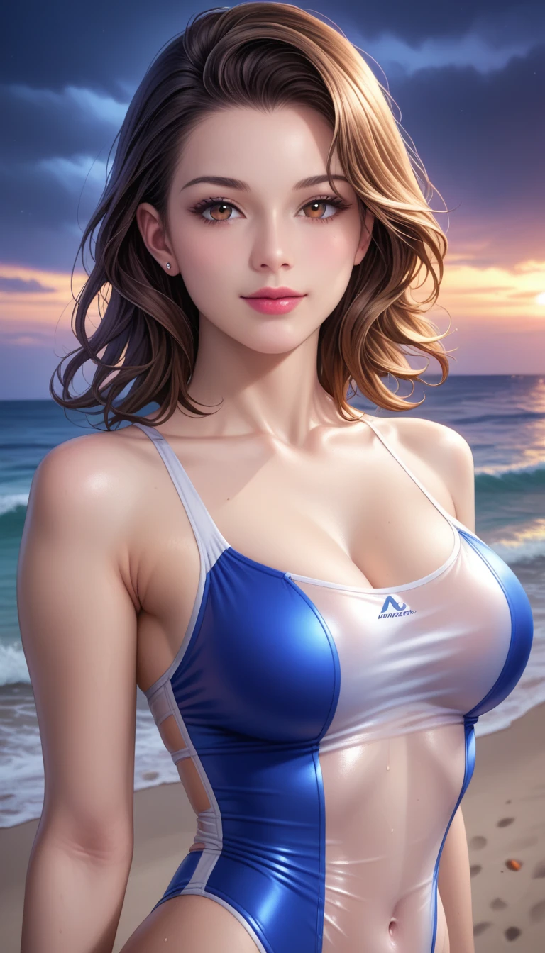 score_9, score_8_superior, score_7_superior, High resolution 3D anime style,A masterpiece in 32K resolution,Highest quality,it is really amazing,Very detailed,Ultra-high resolution,Ultra-realistic,Realistic,Increased depth of field,Cinematic lighting,
(Sexy mature Japan woman:1.1),
black straight medium hair,Ultra-detailed and beautiful face,Calm and gentle look,Beautiful brown eyes,Translucent white skin,Realistic skin texture,Great proportions,
Elegant high leg swimsuit,
Simple design,Chic color scheme,Detailed fabric texture,
(Dark overcast sky on a dull night:1.1),(Dark clouds filling the sky:1),(Thundercloud:1),Coastline at night,Stormy seas,(delay々A desolate sandy beach that continues:1),
Cinematic Angle,