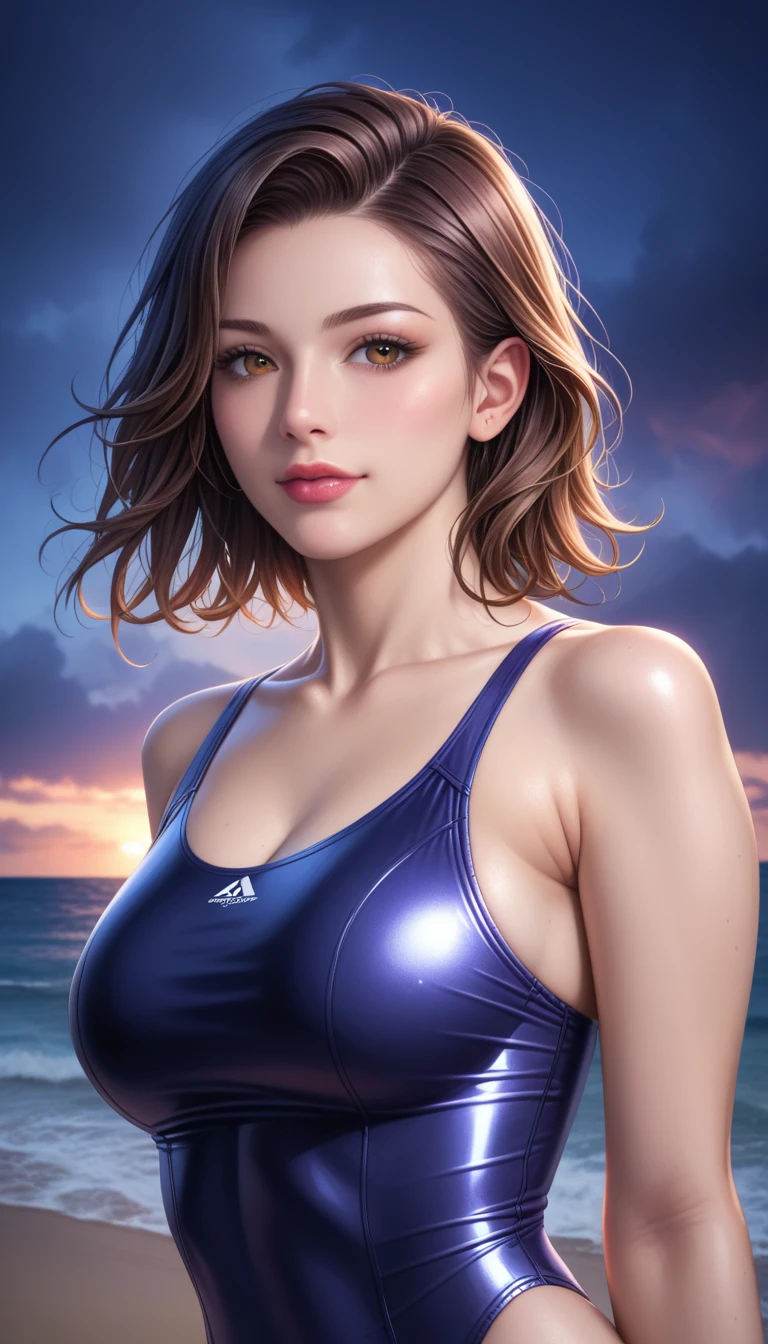 score_9, score_8_superior, score_7_superior, High resolution 3D anime style,A masterpiece in 32K resolution,Highest quality,it is really amazing,Very detailed,Ultra-high resolution,Ultra-realistic,Realistic,Increased depth of field,Cinematic lighting,
(Sexy mature Japan woman:1.1),
black straight medium hair,Ultra-detailed and beautiful face,Calm and gentle look,Beautiful brown eyes,Translucent white skin,Realistic skin texture,Great proportions,
Elegant high leg swimsuit,
Simple design,Chic color scheme,Detailed fabric texture,
(Dark overcast sky on a dull night:1.1),(Dark clouds filling the sky:1),(Thundercloud:1),Coastline at night,Stormy seas,(delay々A desolate sandy beach that continues:1),
Cinematic Angle,