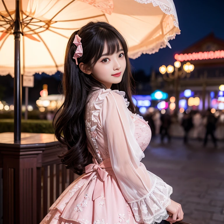 Bow at the back of the waist, Skirt length to calf, cupcake dress, Layered skirt with lace on each layer, Wear a LOLITA dress, layered dress, Pink lolita skirt, lots of lace, Long sleeve, Wide sleeves, Big skirt, layered lace skirt, Puff sleeves, Wide sleeves, Transparent sleeves, intricate details showcase the ruffles and intricate designs of the Lolita dress, Wearing a lolita dress, in the amusement park, at disneyland, The background is a carousel, best quality, Delicate face,beautiful visual work, lifelike, eternity, black hair, Long curly hair, blunt bangs, Smile, Detailed Background, Delicate face,blush,cold,((masterpiece))、(top quality)、8k、high detail、Super detailed,41-year-old female, masterpiece、born、Scenes resembling fairy tale illustrations、intricate details和複雜的設計、Beautifully、magic、capricious、 Beautifully、Dream aesthetics、「𝓡𝓸𝓶𝓪𝓷𝓽𝓲𝓬、ethereal、charming、fickle、magic」、realism、Visual effects、FXAA、SSAO、Shader、voiceless、ambient lighting、Tone mapping、High resolution、Ultra high quality、Million pixels、(8K resolution:1.10)、8k、8k以下、8K resolution、high detail、intricate details, (high quality:1.2、masterpiece:1.2、:1.21)、(41-year-old female:1.21)、(興奮地Smile)、(Surrounded by a dreamy atmosphere、Model diagram,full-body shot,Normal 2 feet,Put your hands behind you,The protrusion of the breast is visible when wearing clothes, Large Breasts, H cup chest, pink clothes, Don't show your fingers, full-body shot, full-body shot,full-body shot,full-body shot,full-body shot,full-body shot,full-body shot,full-body shot,hands hidden in clothes, hands hidden in clothes,hands hidden in clothes,hands hidden in clothes,hands hidden in clothes,hands hidden in clothes,hands hidden in clothes,hands hidden in clothes,hands hidden in clothes, ,hands hidden in sleeves ,hands hidden in sleeves ,hands hidden in sleeves ,hands hidden in sleeves ,hands hidden in sleeves ,hands hidden in sleeves ,hands hidden in sleeves ,hands hidden in sleeves, arms behind back, arms behind back,