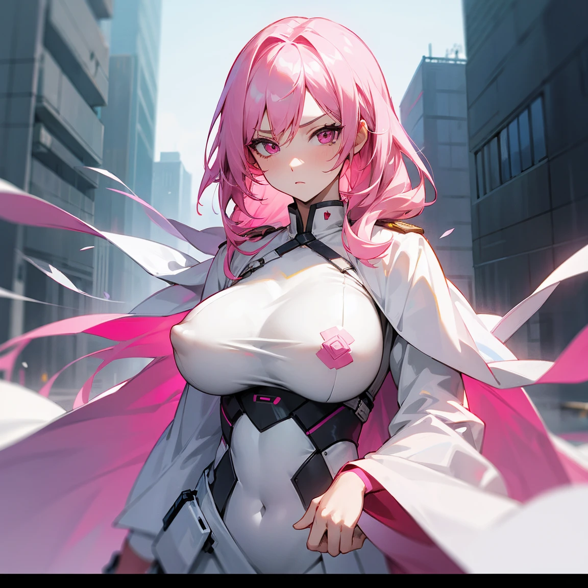 1 Female , Big Breasts , White Robe , Combat Uniform , Pale skin , Pink Hair , Pink Eyes , Serious expression , Modern city background,Erect nipples