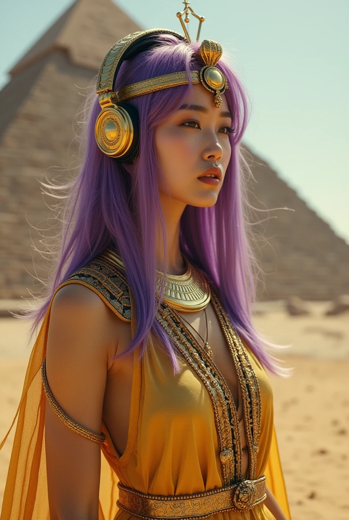 Korean butterfly woman with purple hair and headphones,wearing golden pharaoh's clothes and a pyramid background,fully body,fully body
