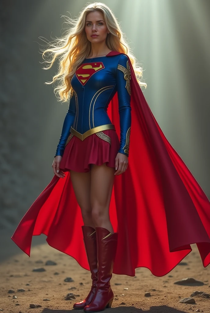 (((Gaia Weiss under the mantle of the Kryptonian Kara Zor-El aka Supergirl long blonde hair Blue corset outfit red skirt with red boots red cape attached to the corset)))