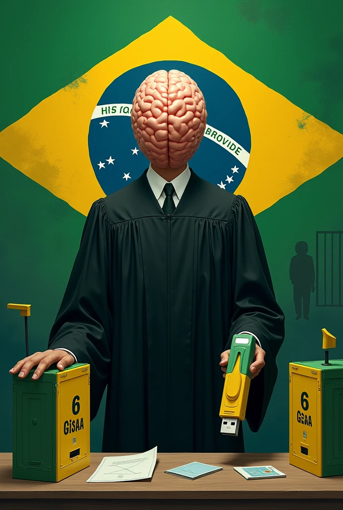 image of the Minister "Alexandre de Moraes in black toga", egg-shaped brain, electronic ballot boxes.
, Brazil's flag, a large green and yellow colored pen drive , written 6 Gigas . dictator, prisoner behind bars