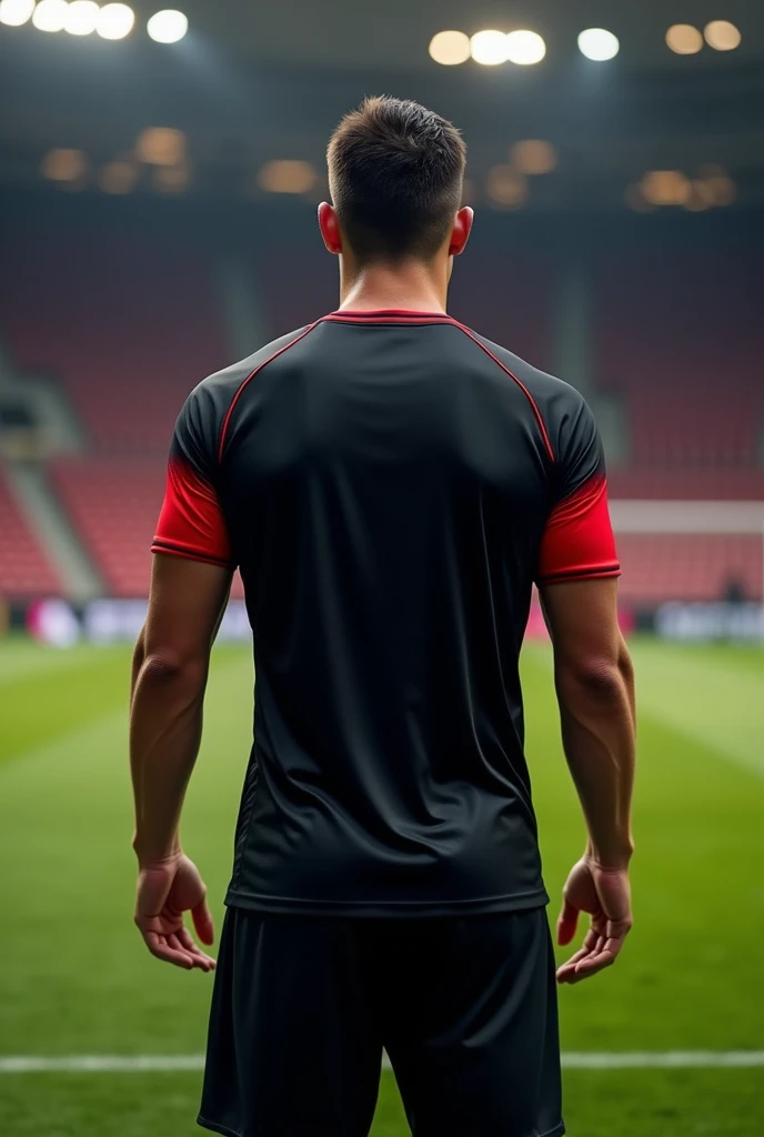 Design a men's football jersey, Black jersey with short sleeves and V-necks, that the fabric at the end of the sleeve is red. From behind