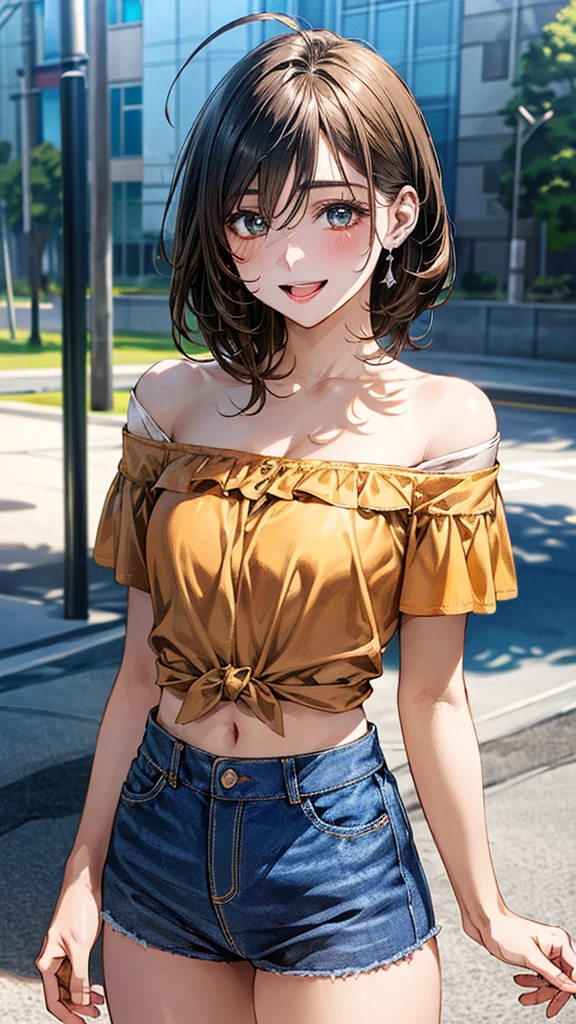(masterpiece:1.3, top-quality, ultra high res, ultra detailed), (realistic, photorealistic:1.4), beautiful illustration, perfect lighting, natural lighting, colorful, depth of fields, surrealism,
beautiful detailed hair, beautiful detailed face, beautiful detailed eyes, beautiful clavicle, beautiful body, beautiful chest, beautiful thigh, beautiful legs, beautiful fingers,
looking at viewer, 1 girl, high school girl, (perfect anatomy, anatomically correct, super detailed skin), cute and symmetrical face, babyface, perfect face, perfect eyes, shiny skin,
(short hair, sideburns, straight hair, light brown hair), ahoge, hair between eyes, blue-green eyes, big eyes, long eyelashes, (medium breasts, seductive thighs), slender, narrow waist,
(detailed cloth texture, break short sleeve off- shoulder orange shirt, midriff:1.2, break denim tight skirt), break
(beautiful scenery), evening, (caffee:1.2), standing, (index finger raised), (lovely smile, open mouth small),