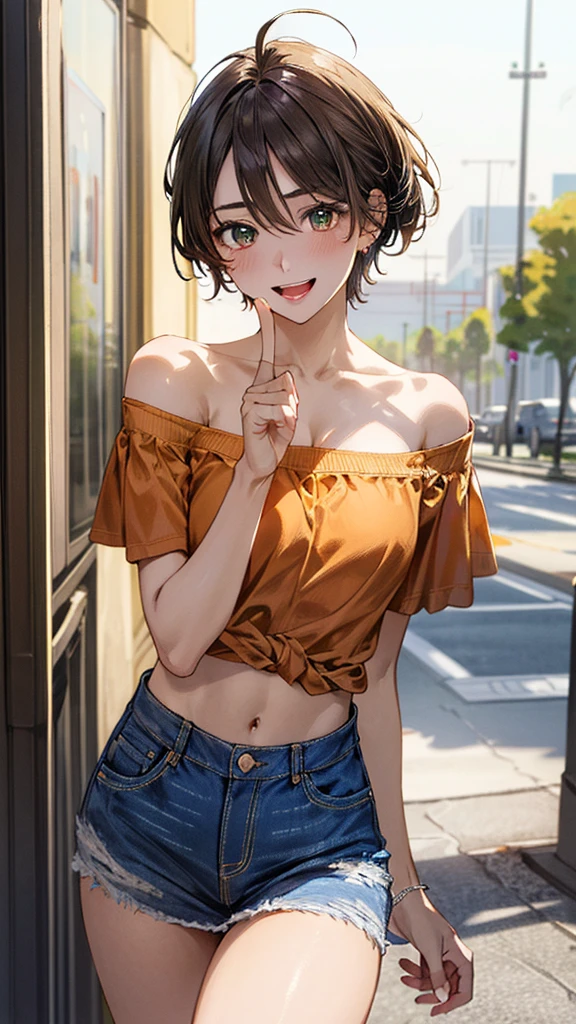 (masterpiece:1.3, top-quality, ultra high res, ultra detailed), (realistic, photorealistic:1.4), beautiful illustration, perfect lighting, natural lighting, colorful, depth of fields, surrealism,
beautiful detailed hair, beautiful detailed face, beautiful detailed eyes, beautiful clavicle, beautiful body, beautiful chest, beautiful thigh, beautiful legs, beautiful fingers,
looking at viewer, 1 girl, high school girl, (perfect anatomy, anatomically correct, super detailed skin), cute and symmetrical face, face, perfect face, perfect eyes, shiny skin,
(short hair, sideburns, straight hair, light brown hair), ahoge, hair between eyes, blue-green eyes, big eyes, long eyelashes, (medium breasts, seductive thighs), slender, narrow waist,
(detailed cloth texture, break short sleeve off- shoulder orange shirt, midriff:1.2, break denim tight skirt), break
(beautiful scenery), evening, (caffee:1.2), standing, (index finger raised), (lovely smile, open mouth small),