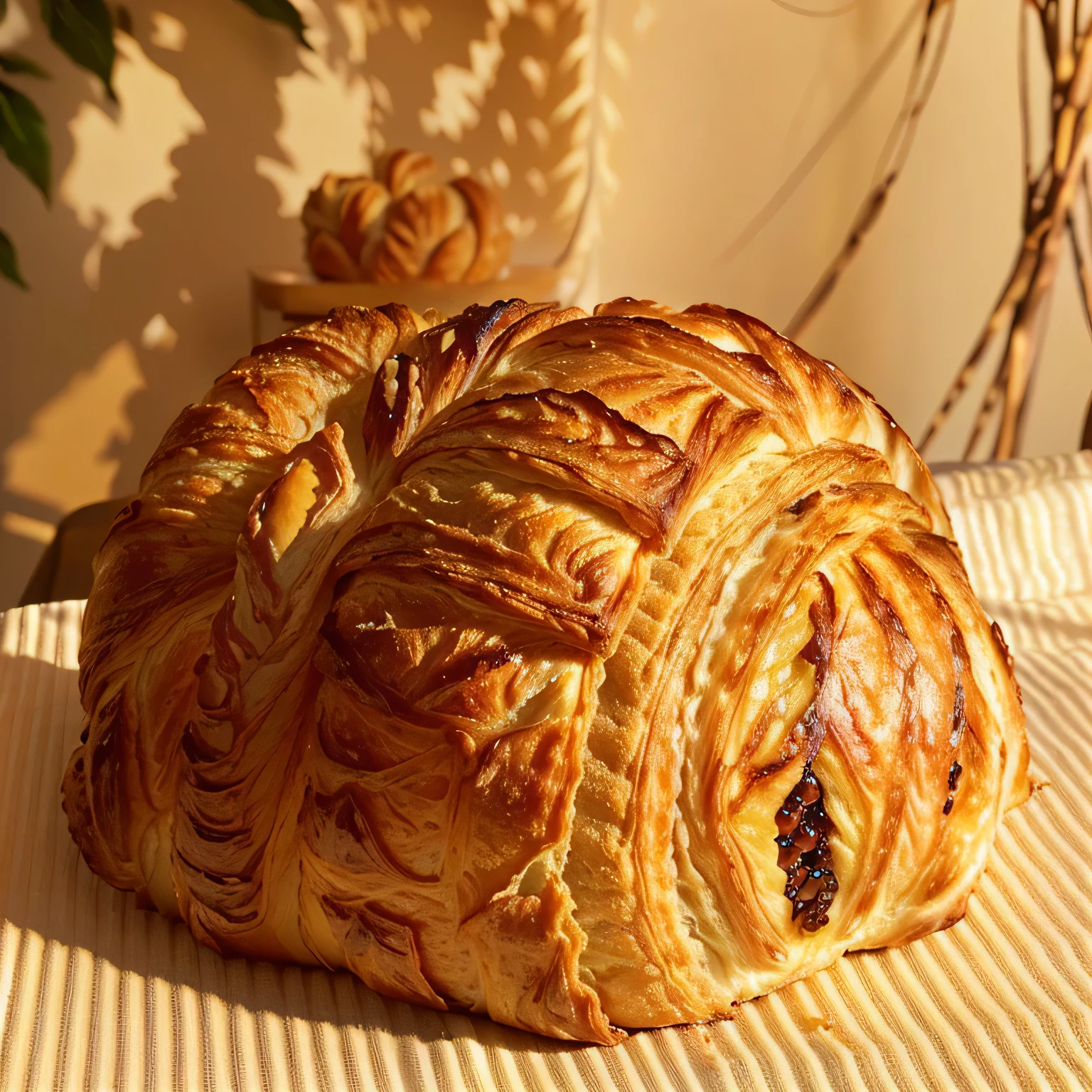 there is a croissant on a table with a plant in the background, pastry, pastries, bread, grain”, puffy, pastry lizard, napoleon, pastelle, afternoon sunshine, hard morning light, bakery, paul-chadeisson, morning golden hour, butter, france, perfect crisp sunlight, recipe, breakfast, mmmmm, french, by François Girardon