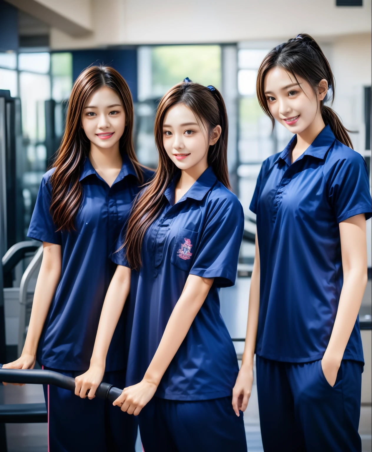 3 girls sit in fitness center, Navy blue short-sleeved shirt,Navy Long Trackpant,Sweatpants, Sweatpantsขายาว,25 year old girl, lesbian, sexy, exercise clothes, wet body, exercise clothes
