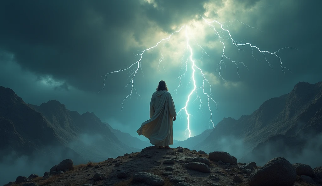 Moses on top of Mount Sinai, praying and receiving revelations. The sky is dark and stormy, with lightning illuminating the scene. The atmosphere is one of intense spirituality and reverence.