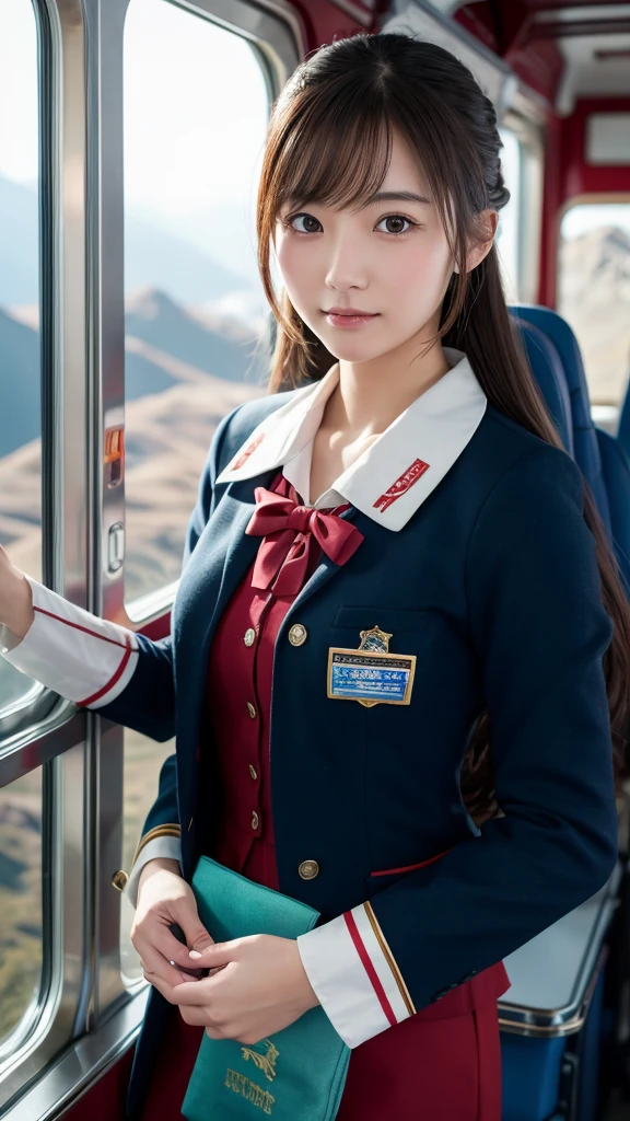 Super detailed, High resolution, Super detaileded, highest quality, wonderful, highest quality,Integrated 8K wallpaper, cinematic lighting, stewardess、20-year-old、Japanese、in mountain