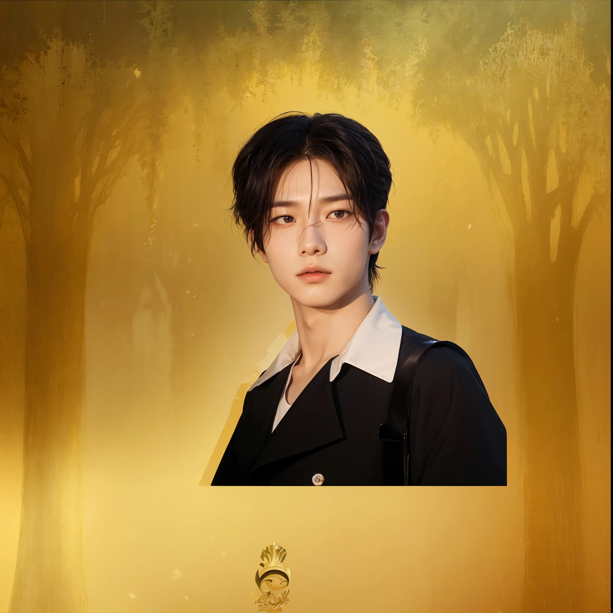 Hyunjun hur actor and kpop idol boy more realism in hair and clothes. orange hair Hyunjun, the actor and K-pop idol, embodies a unique sense of realism with his orange hair. He exudes princely charm with a crown atop his head, dressed regally in princely attire. His sharp features add to the intriguing mix, enhanced by the vibrant hue of his hair. Against the backdrop of a majestic castle, Hyunjun's aura is complete, a perfect blend of royalty and modern flair, captivating all who lay eyes on him.