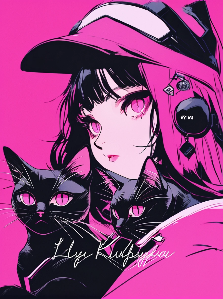 Anime girl with black cat on pink background, Portrait of goth cat girl, cat woman, Anime style illustration, Anime style 4k, anime style portrait, Ilya Kuvshinov sty. 4k, cat woman, Artem and Ilya Kuvshinov, Emo girl and her , beautiful anime catgirl, style of anime, style of anime. 8K