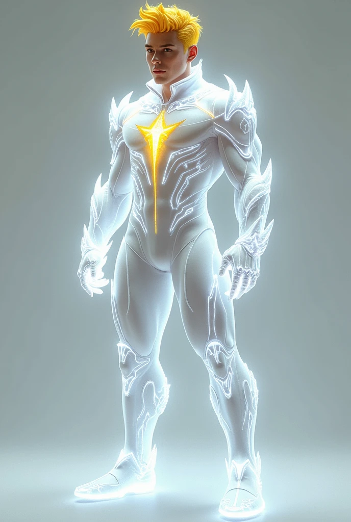 full full body photorealistic handsome hunky fractal masculine Teen titans yellow haired Shining boy.. wearing white diamond transparent crystal chrome glass super suit , look at camera, detailed face parts,, studio as background, Freestyle Pose, Happy Expression, perfect anatomy, symmetric body,, 18 years old, :: high detail, a lean athletic body, realistic, human skin, extremely detailed fingers, chad chin,, masculine, human skin, (eyes contact), gorgeous, Attractive. super bulges in action