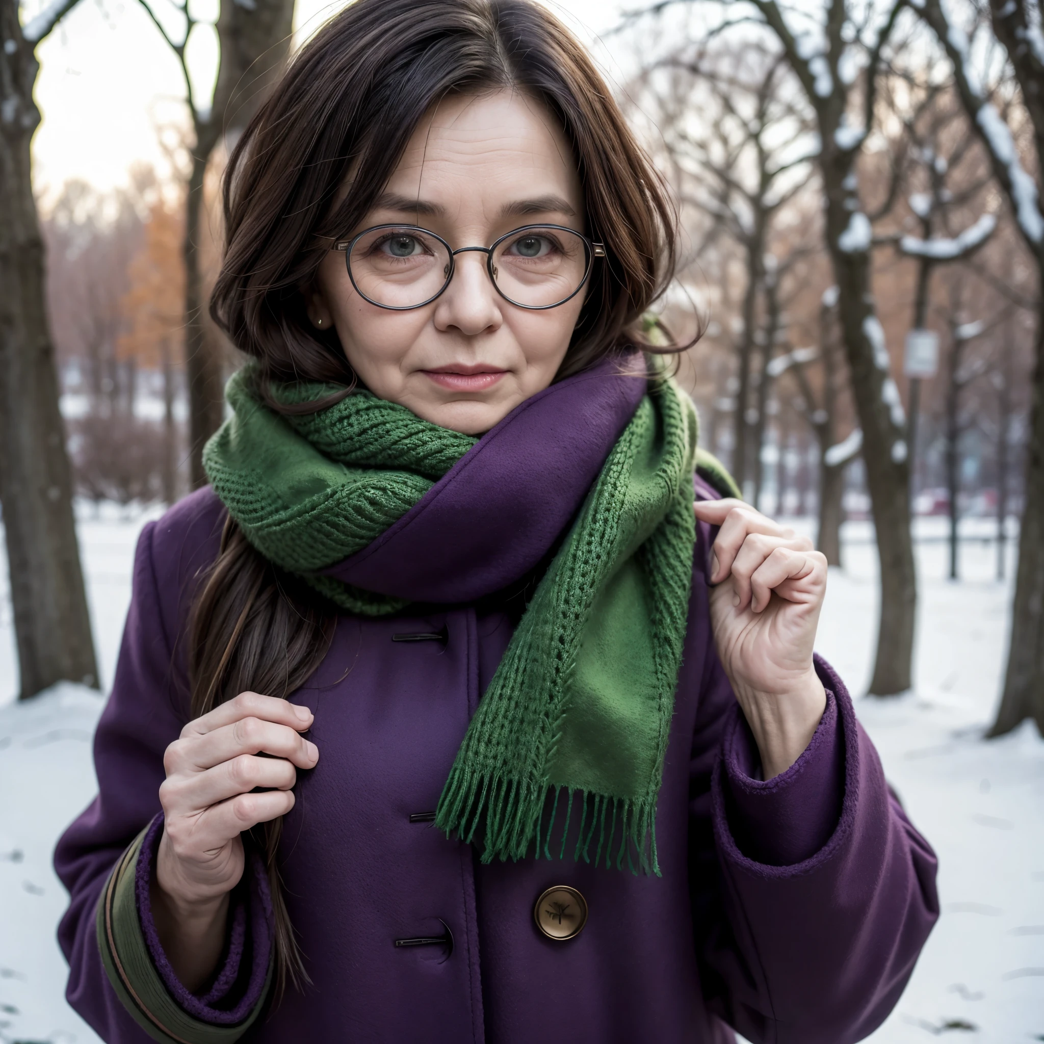 work of art, best qualityer, An old woman with glasses and a scarf, wearing a purple coat and green scarf, stopped not park