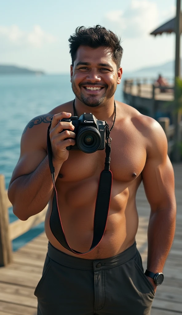 photorealistic, best quality, masterpiece, extremely detailed, sexy, homoerotic, extremely handsome, 20 year old chubby polynesian man, stocky build, smiling, takes your photo with a DSLR camera, by the pier, extremely romantic atmosphere, perfect face, perfect fingers, perfect hands, perfection