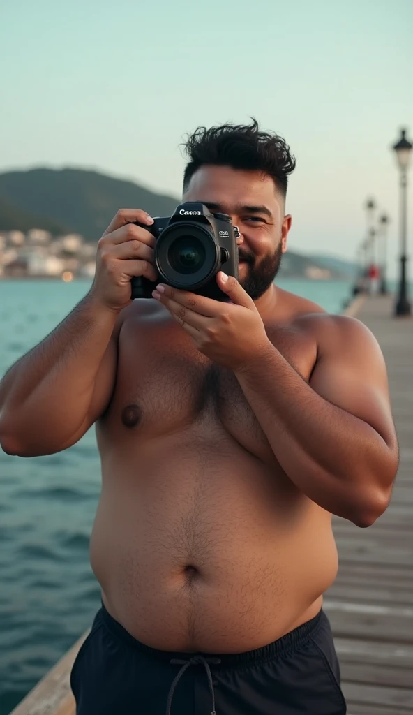photorealistic, best quality, masterpiece, extremely detailed, sexy, homoerotic, extremely handsome, 20 year old chubby polynesian man, stocky build, smiling, takes your photo with a DSLR camera, by the pier, extremely romantic atmosphere, perfect face, perfect fingers, perfect hands, perfection