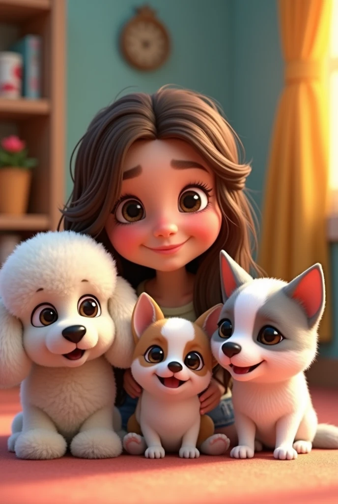 Girl with the following physical characteristics: brown wavy hair, large eyes, round, rosy cheeks. Must have three pets: a white poodle, a short-haired white Chihuahua with a brown spot over one eye and a light gray cat with white. Animated
